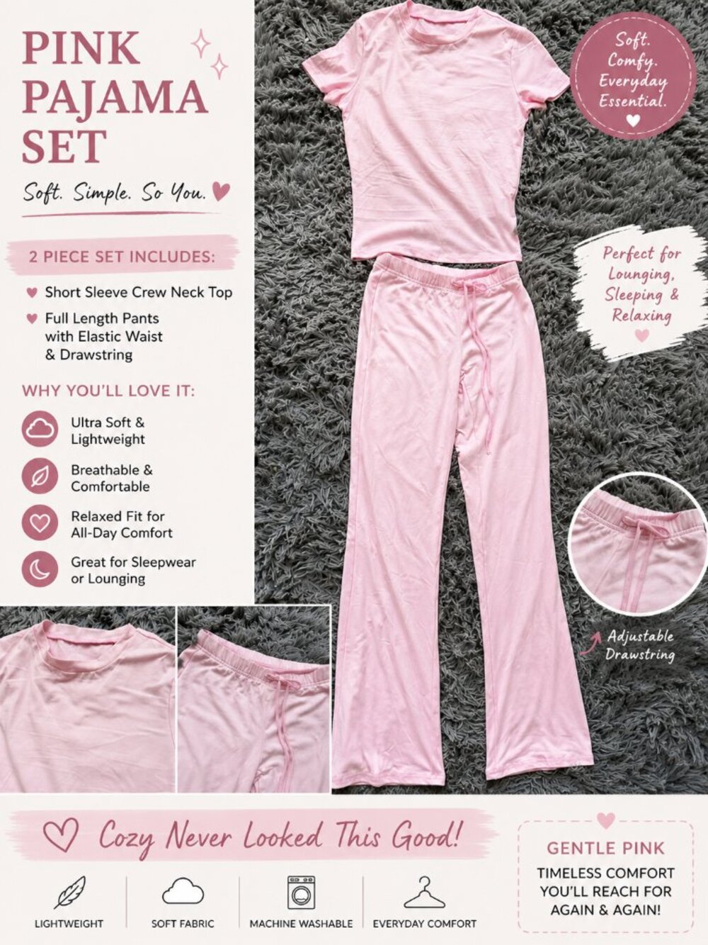 NWT Pink 2 Piece Pajama Lounge Set Soft Short Sleeve Top & Flare Pants